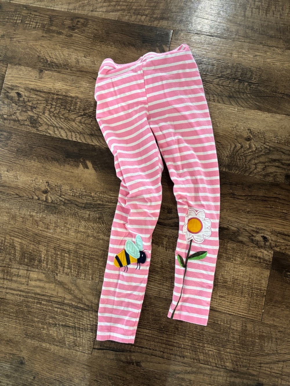 Pink & White Striped Girls Leggings with Bee and Flower Appliqué